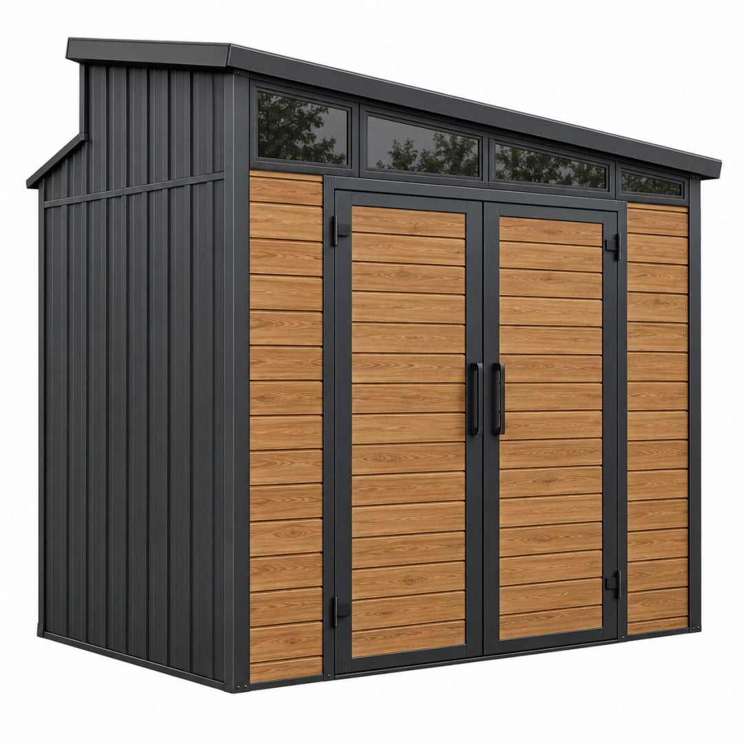 Abri de jardin 220 x 180 x 210 cm en acier noir et aspect bois avec portes doubles