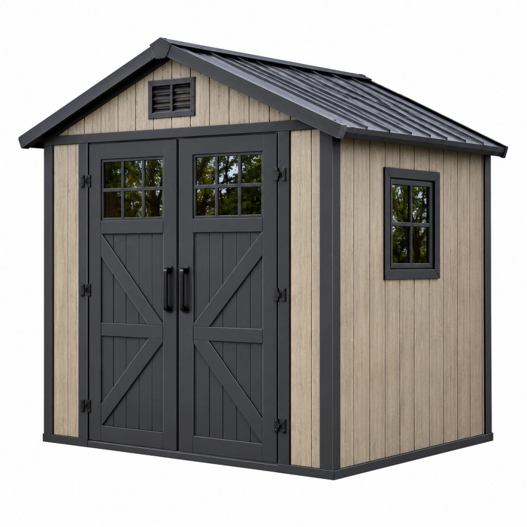 Abri de jardin 180 x 120 x 190 cm en résine beige et anthracite avec double porte style chalet