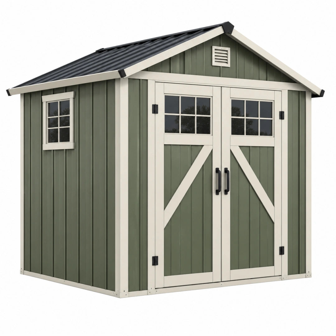 Abri de jardin 213 x 130 x 190 cm en métal vert et beige avec doubles portes vitrées