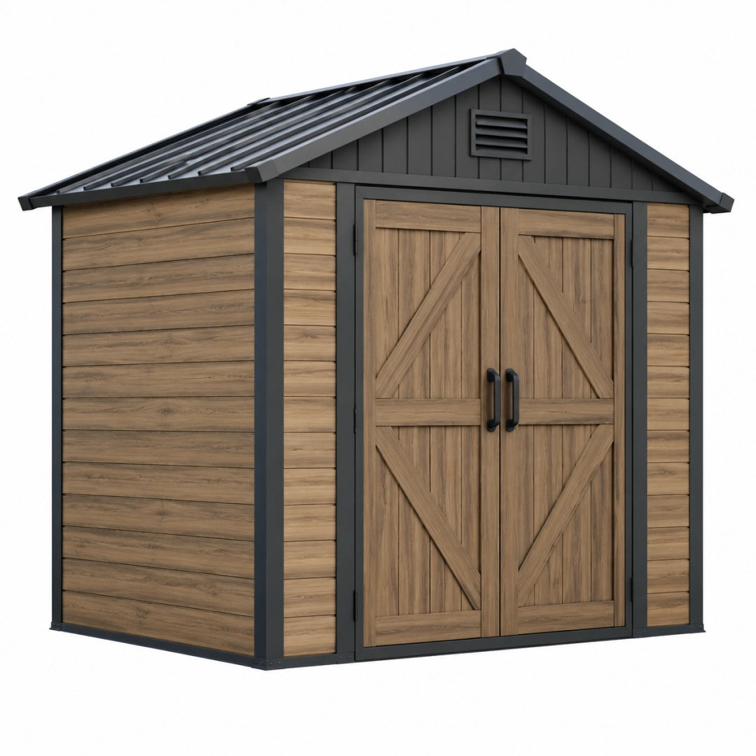 Abri de jardin 213 x 131 x 192 cm aspect bois brun et structure acier anthracite à double porte