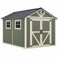 Abri de jardin 240 x 180 x 210 cm en résine vert sauge à portes doubles style grange
