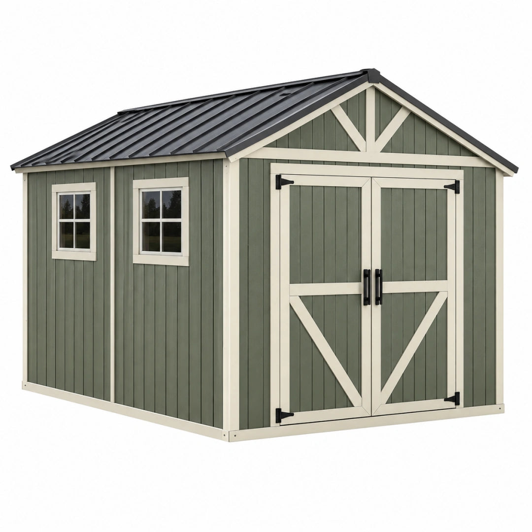 Abri de jardin 240 x 180 x 210 cm en résine vert sauge à portes doubles style grange