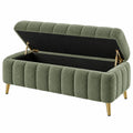 Banquette coffre 140 cm en tissu bouclette vert avec pieds métal doré - rangement intégré