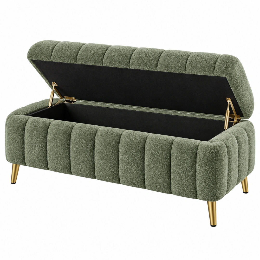 Banquette coffre 140 cm en tissu bouclette vert avec pieds métal doré - rangement intégré