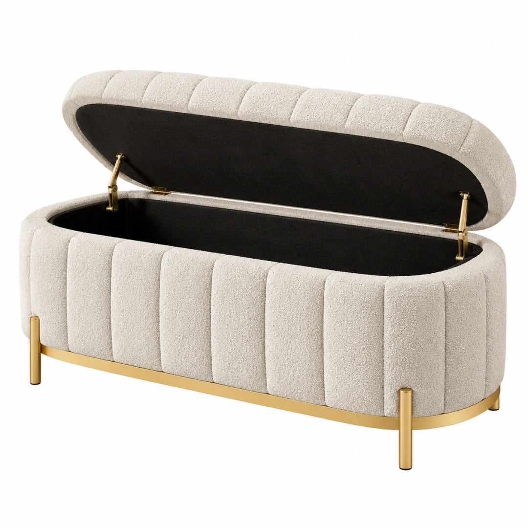 Banquette coffre 120 x 45 cm en tissu bouclette beige avec pieds dorés style contemporain
