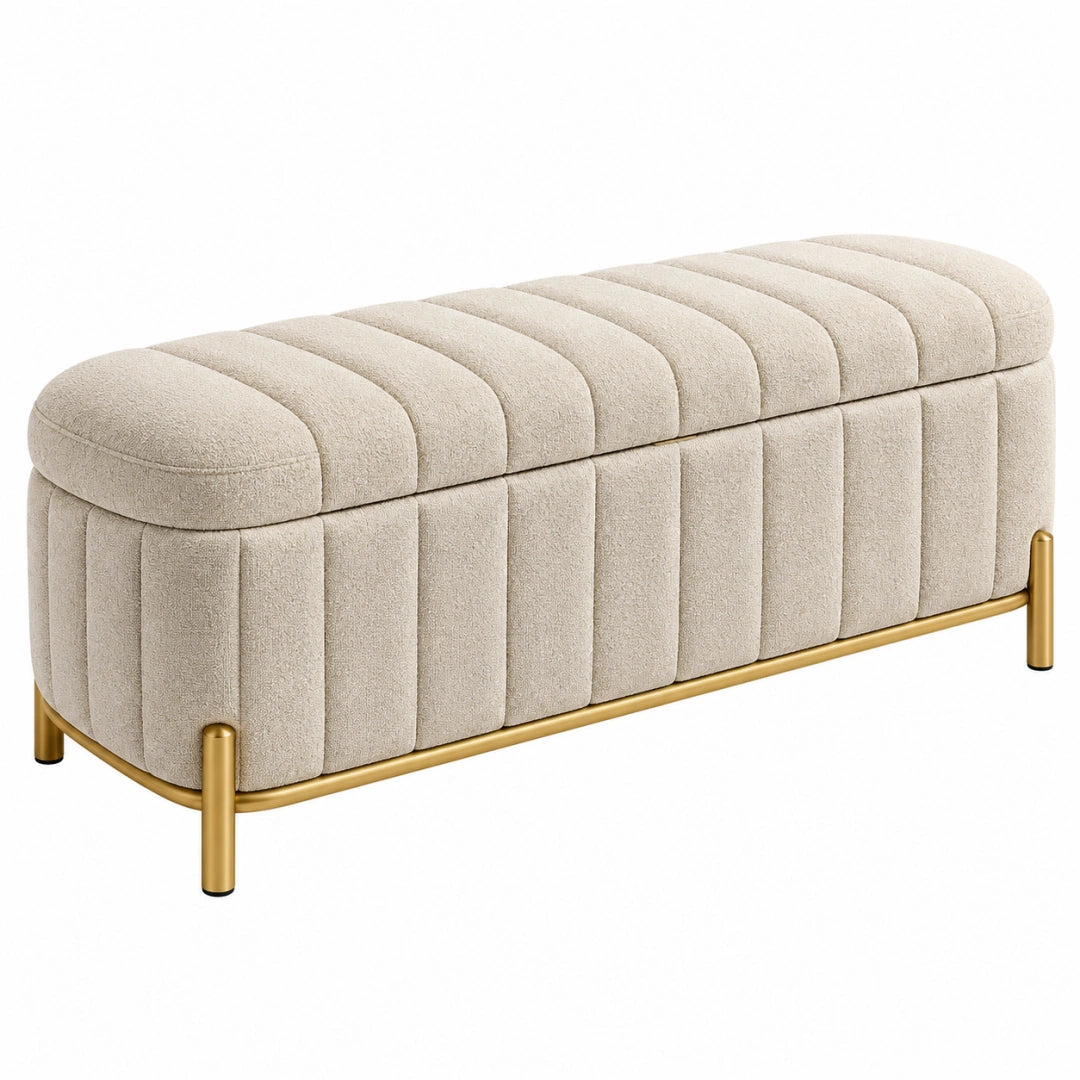 Banc coffre 120 x 45 x 48 cm en tissu bouclette beige avec pieds métalliques dorés