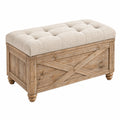 Banc coffre 100 x 45 x 50 cm en bois marron et tissu beige style rustique capitonné
