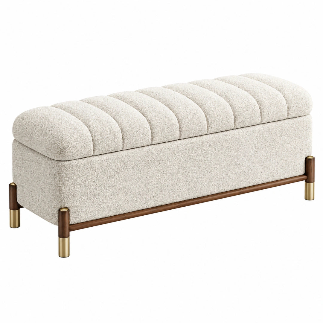 Banquette coffre 120 x 45 x 48 cm en tissu bouclette écru style contemporain