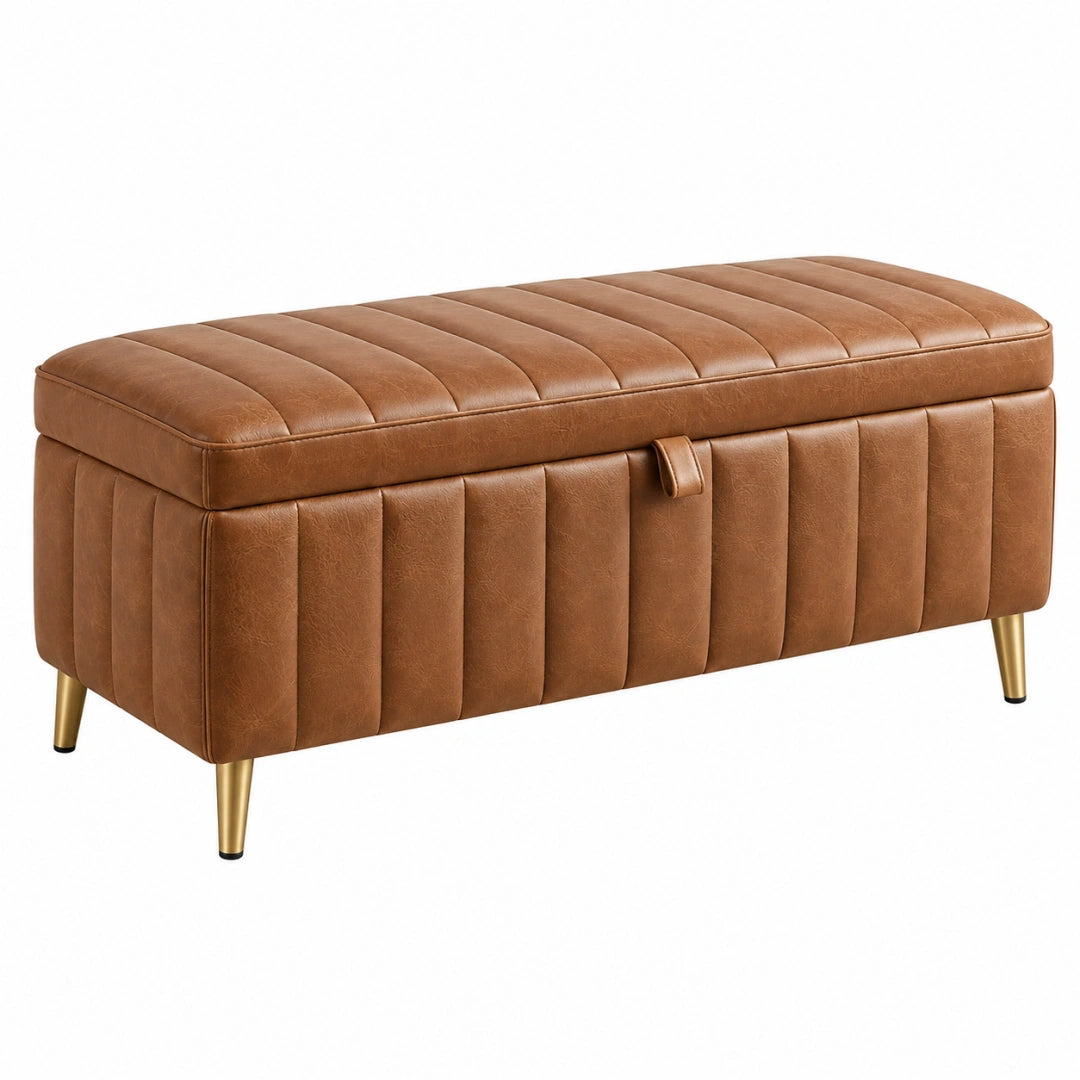 Banc de rangement 110 x 45 x 46 cm aspect cuir marron avec couvercle capitonné