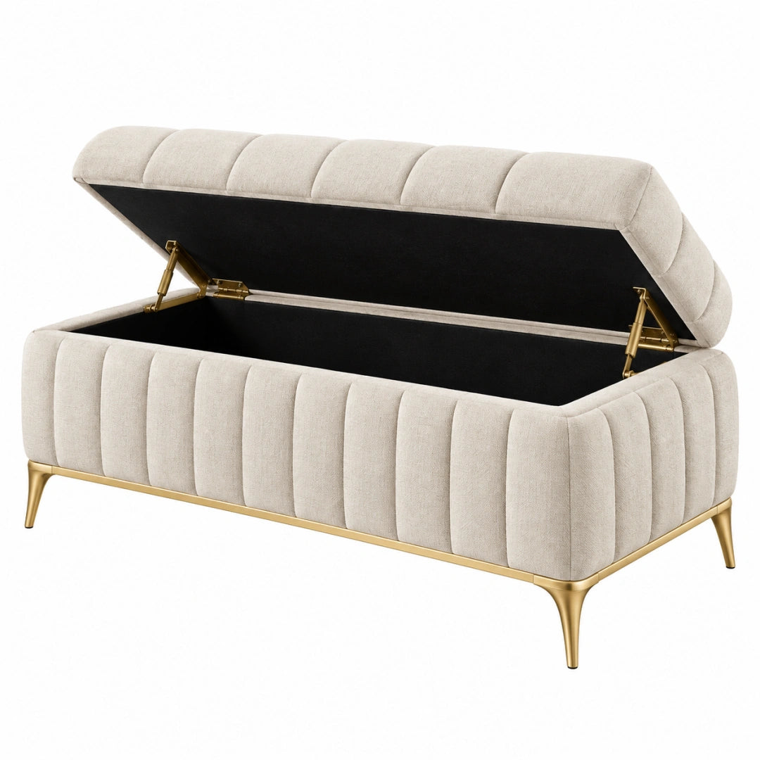 Banc coffre 160 x 45 x 50 cm en tissu beige avec piètement métal doré - rangement capitonné