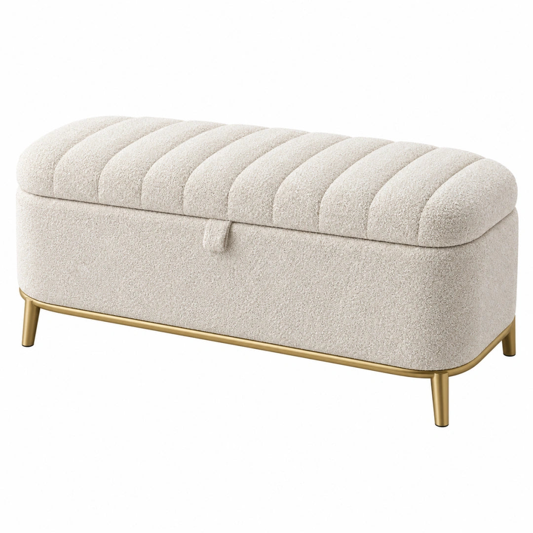 Banc coffre 100 x 40 x 48 cm en tissu bouclette écru pieds métal doré style contemporain