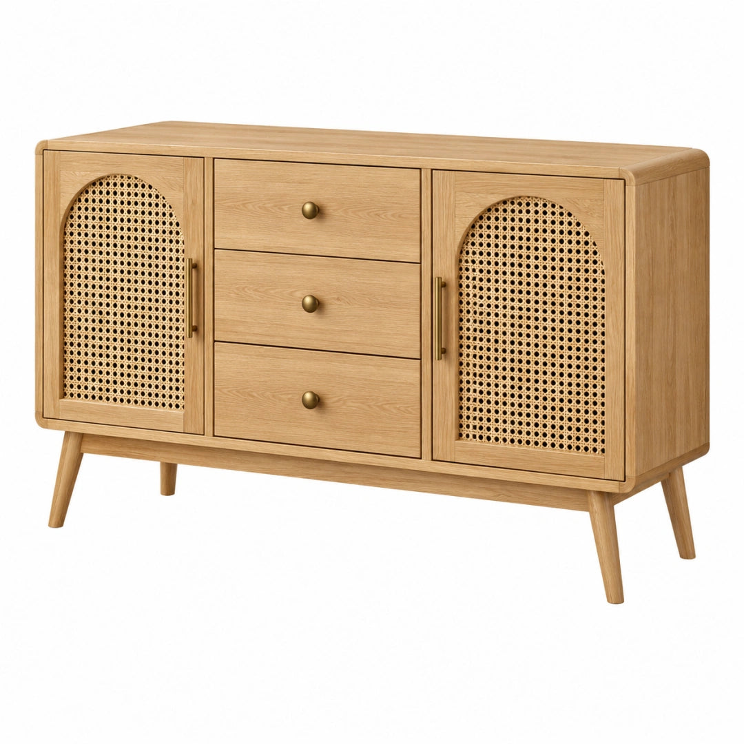 Buffet 140 x 40 x 80 cm en bois naturel et cannage avec 3 tiroirs style rétro