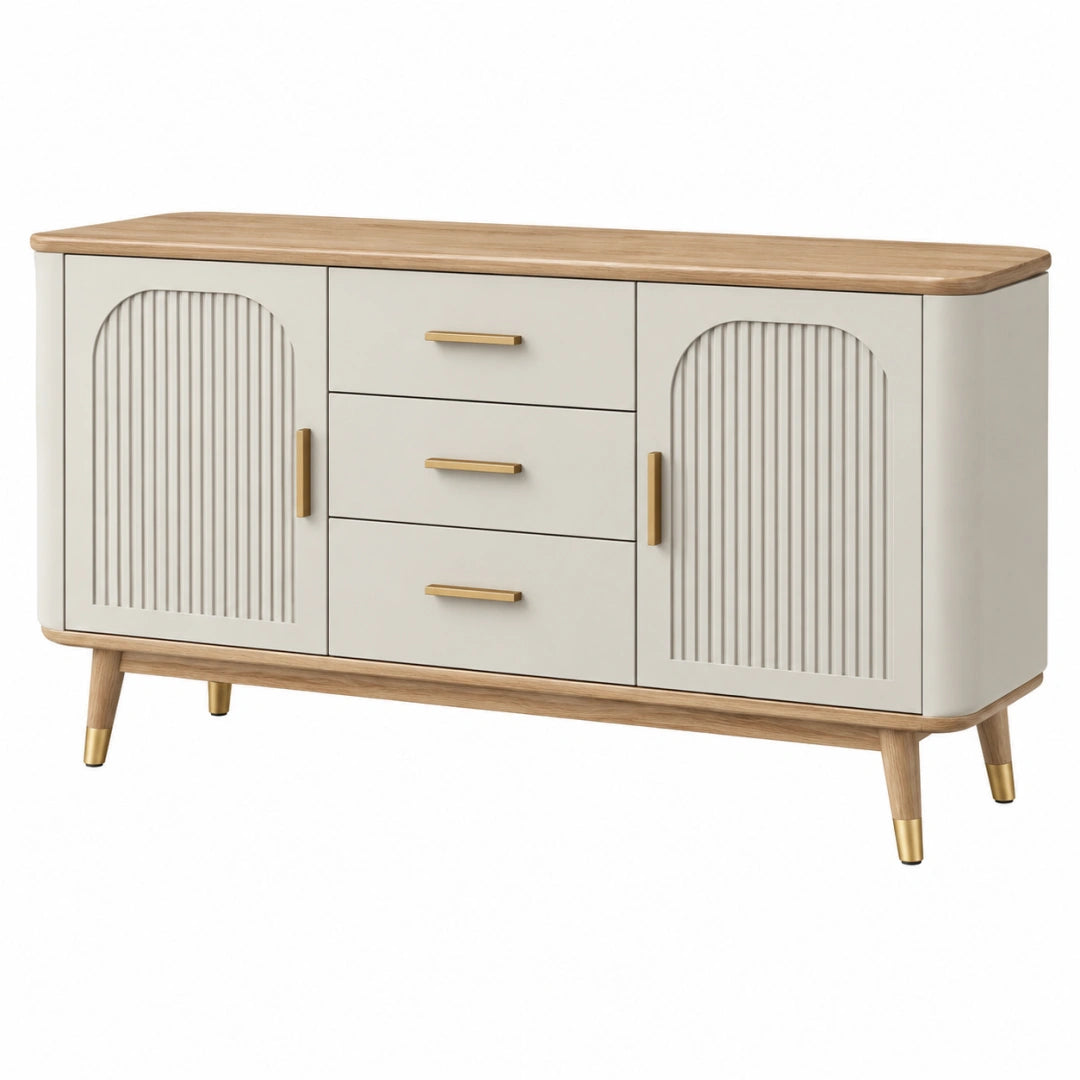 Buffet 160 x 40 x 80 cm en bois blanc et naturel à 3 tiroirs 2 portes style rétro