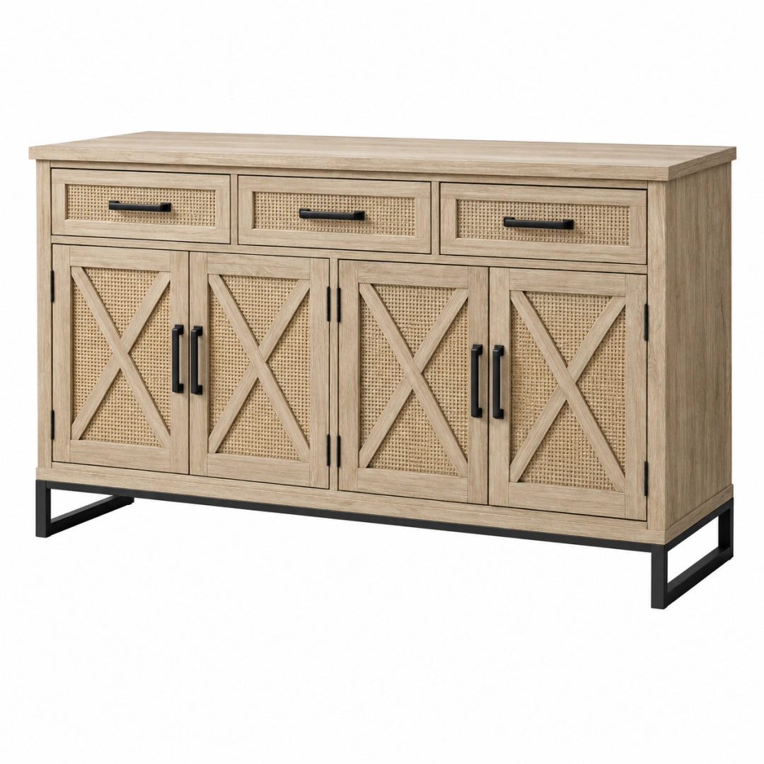 Buffet 150 x 40 x 90 cm bois clair et cannage rangement style rustique