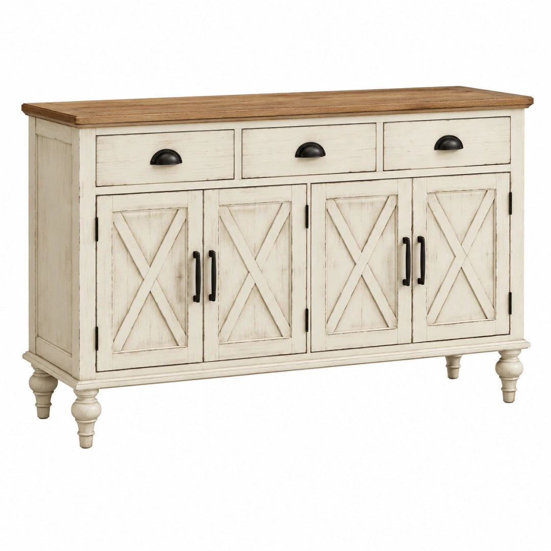 Buffet 160 x 45 x 95 cm en bois blanc et marron style campagne avec 3 tiroirs et 4 portes