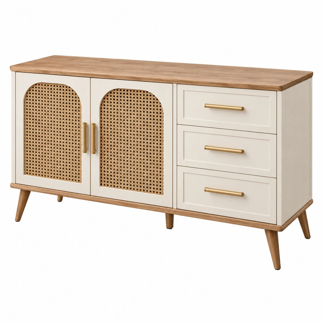 Buffet de rangement 140 x 40 x 80 cm en bois blanc et naturel avec cannage