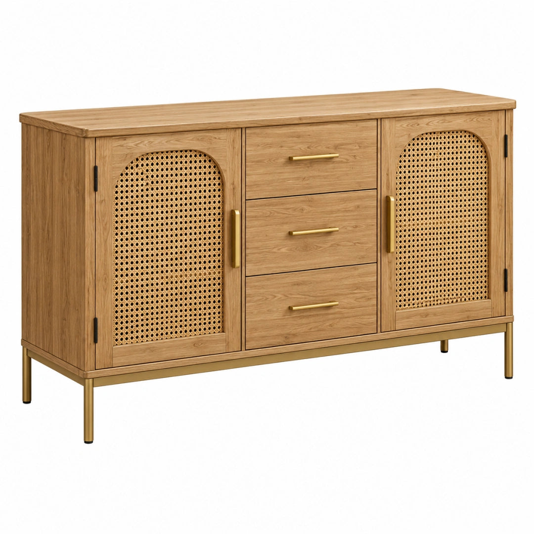 Buffet 150 x 40 x 85 cm aspect bois naturel cannage et métal style bohème avec rangement