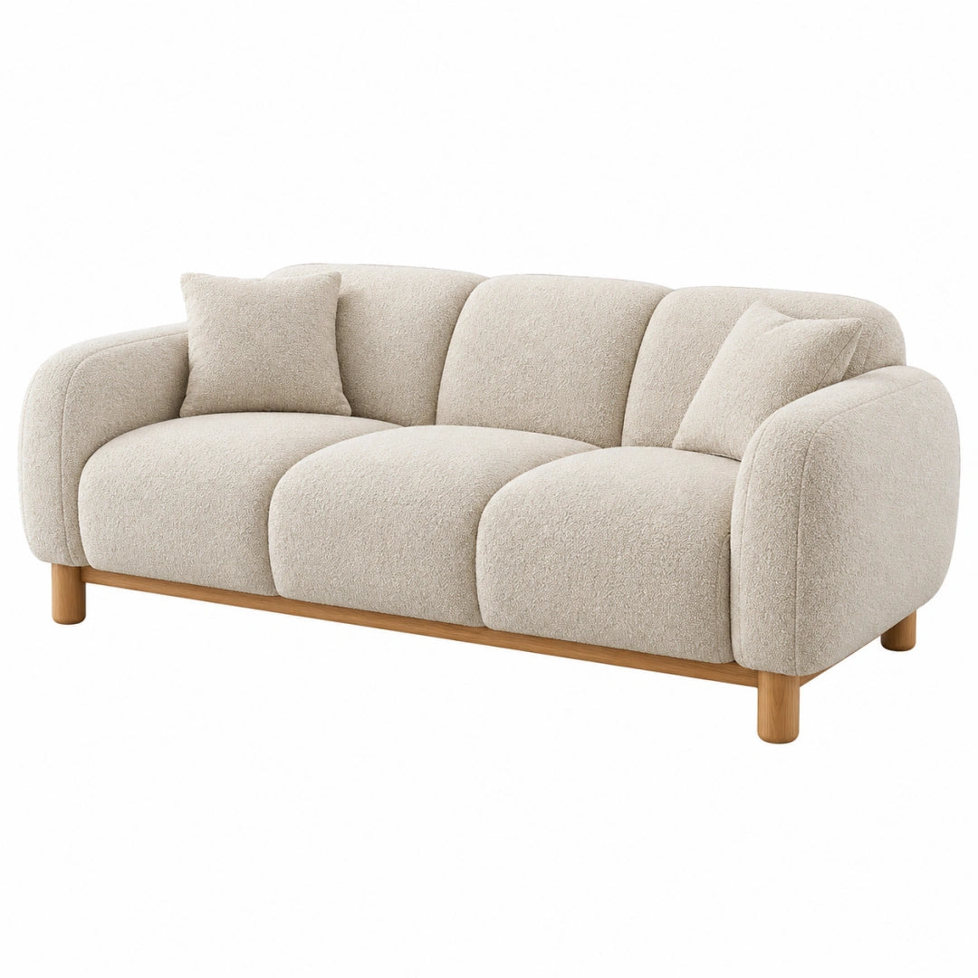 Canapé 3 places 220 cm en tissu bouclette beige avec pieds en bois - Style contemporain
