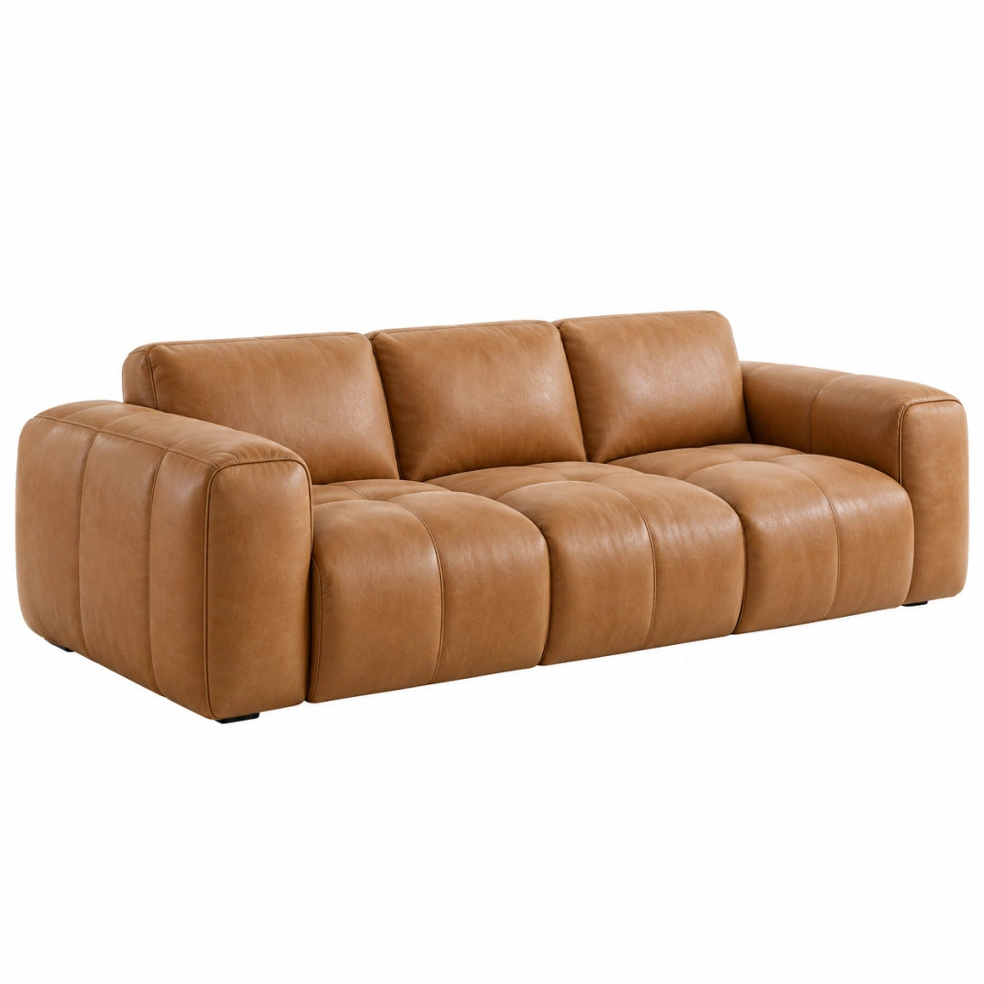 Canapé 3 places 220 cm en revêtement aspect cuir camel - style contemporain