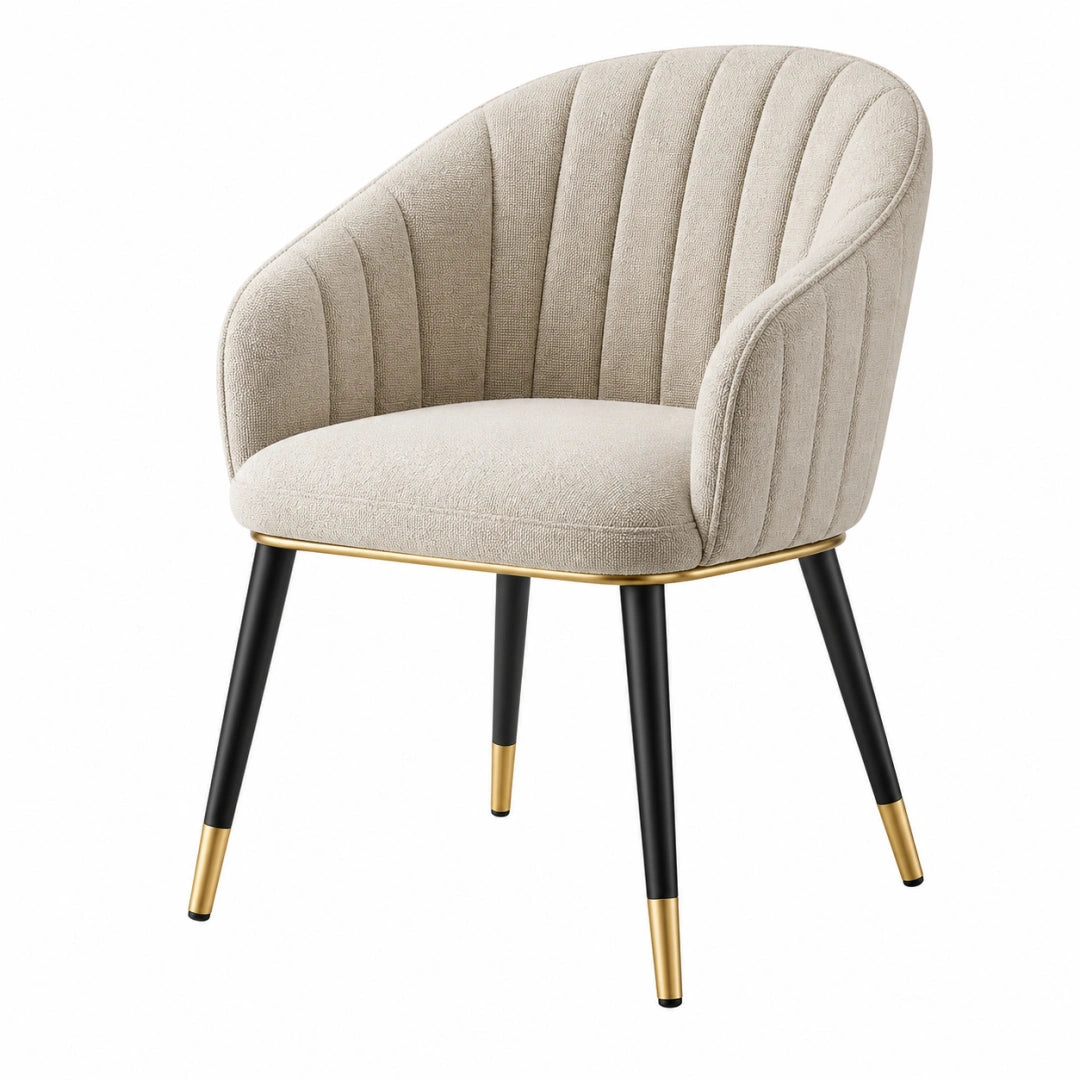 Fauteuil de salle à manger 60 x 58 x 80 cm en tissu beige avec pieds métalliques noirs et dorés style contemporain