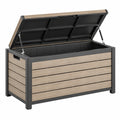 Coffre de rangement extérieur 120 x 60 x 63 cm en métal noir et lames aspect bois avec couvercle relevable