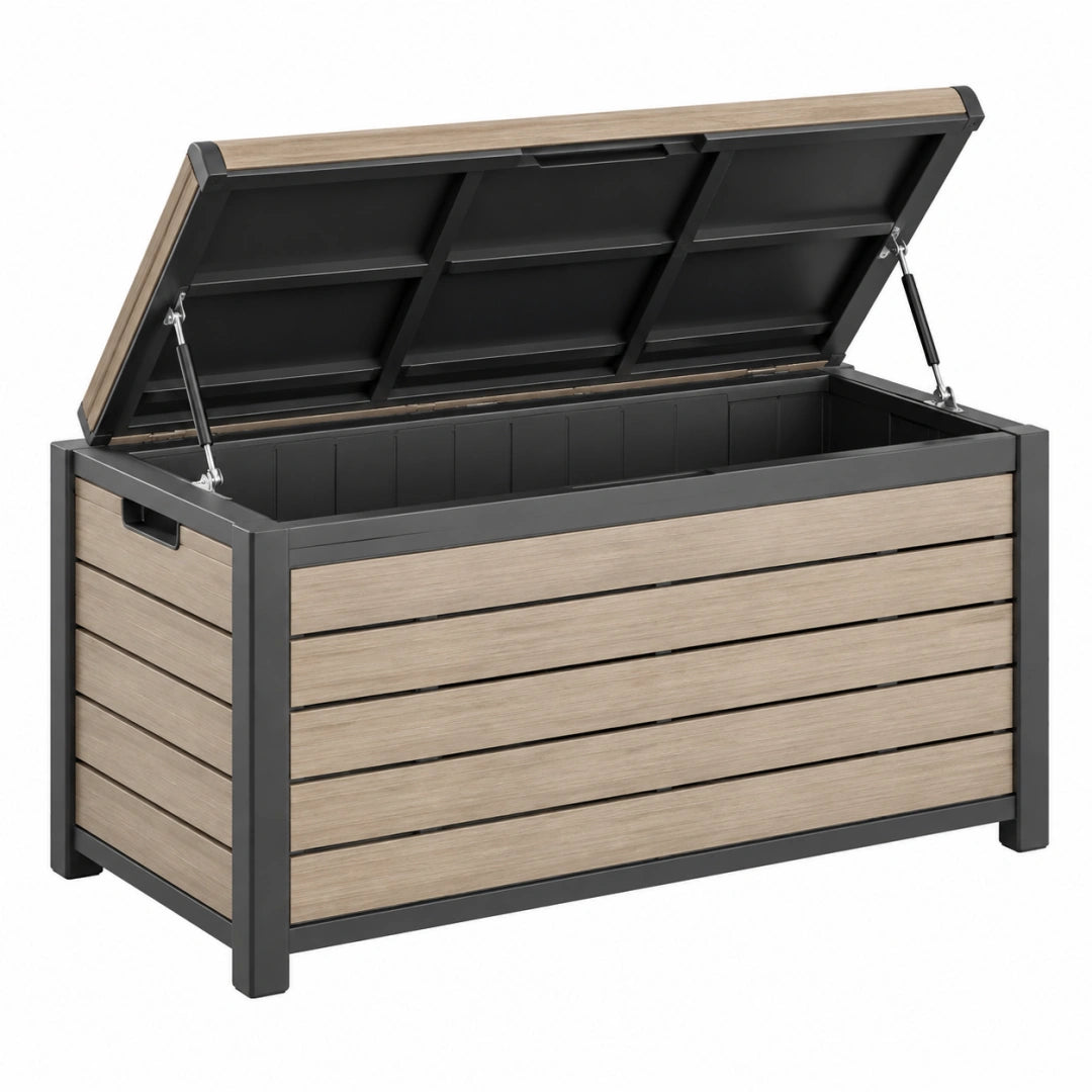 Coffre de rangement extérieur 120 x 60 x 63 cm en métal noir et lames aspect bois avec couvercle relevable
