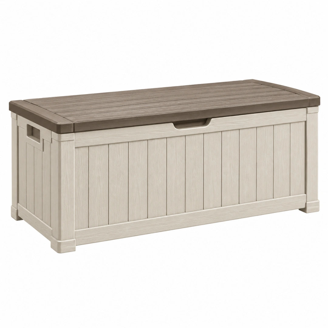 Coffre de rangement extérieur 120 x 55 x 60 cm en résine beige et marron avec couvercle