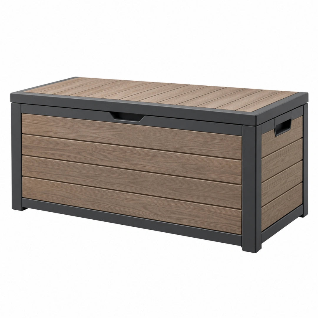 Coffre de rangement extérieur 120 x 60 x 63 cm en résine aspect bois gris brun avec structure anthracite