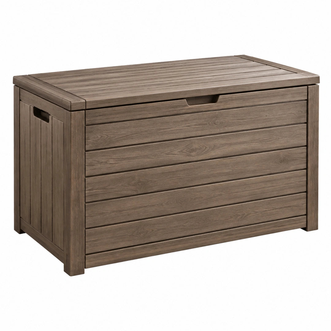 Coffre de rangement extérieur 145 x 80 x 85 cm en résine marron effet bois