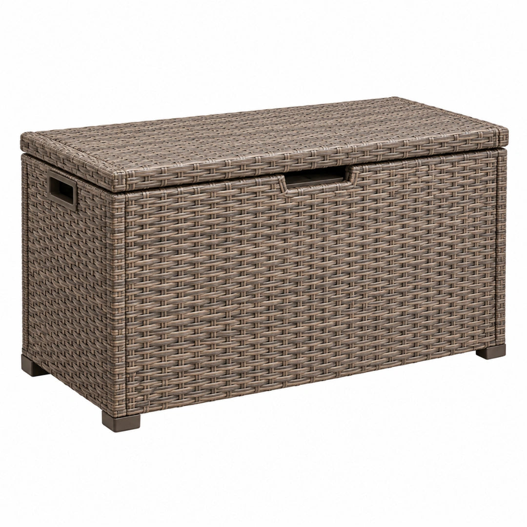 Coffre de rangement extérieur 120 x 50 x 60 cm en résine tressée gris brun avec couvercle