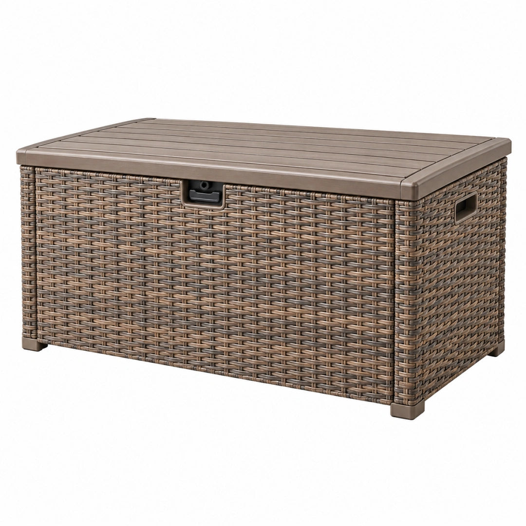 Coffre de rangement extérieur 120 x 60 x 60 cm en résine tressée taupe avec couvercle