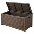 Coffre de rangement extérieur 120 x 60 x 65 cm en résine tressée brun foncé avec couvercle à vérins