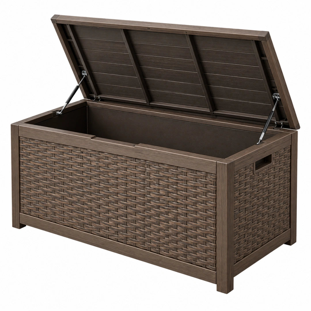 Coffre de rangement extérieur 120 x 60 x 65 cm en résine tressée brun foncé avec couvercle à vérins