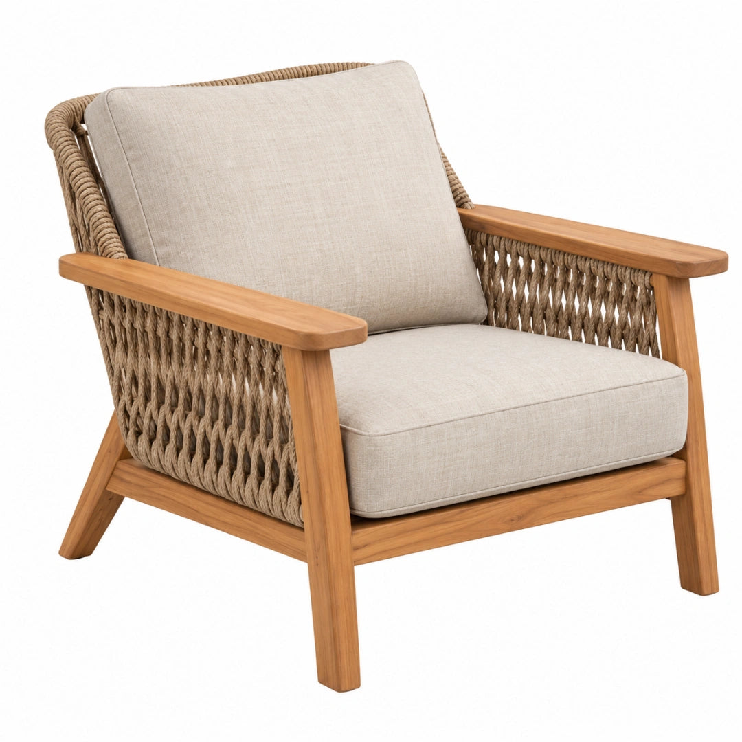 Fauteuil de jardin 75 x 80 x 85 cm en bois et corde tressée beige style naturel