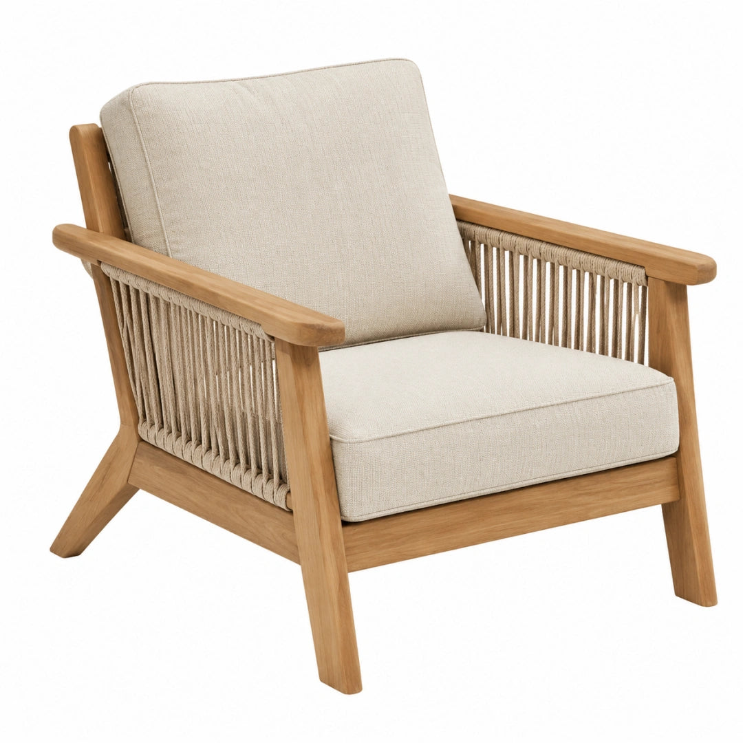Fauteuil 75 x 80 x 85 cm en bois naturel et corde beige avec coussins style bohème