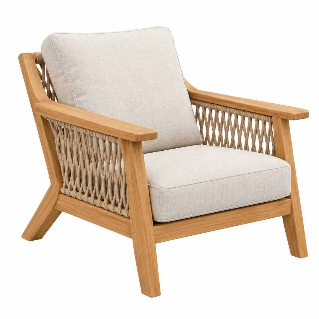 Fauteuil 75 x 80 x 82 cm en bois naturel et tissu beige style bohème tressé