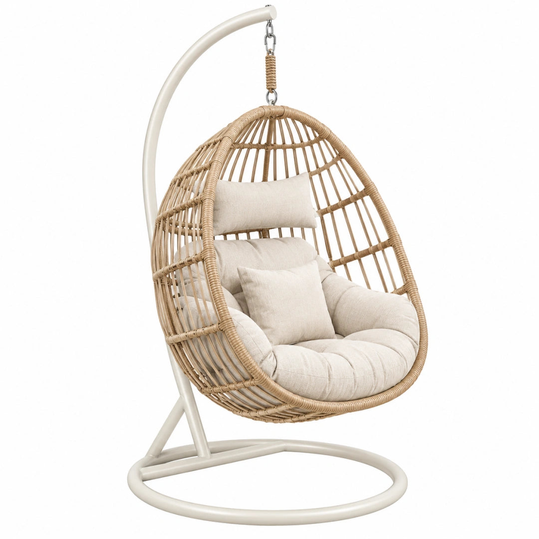 Fauteuil suspendu 100 x 100 x 195 cm en rotin synthétique beige avec support blanc cassé style bohème