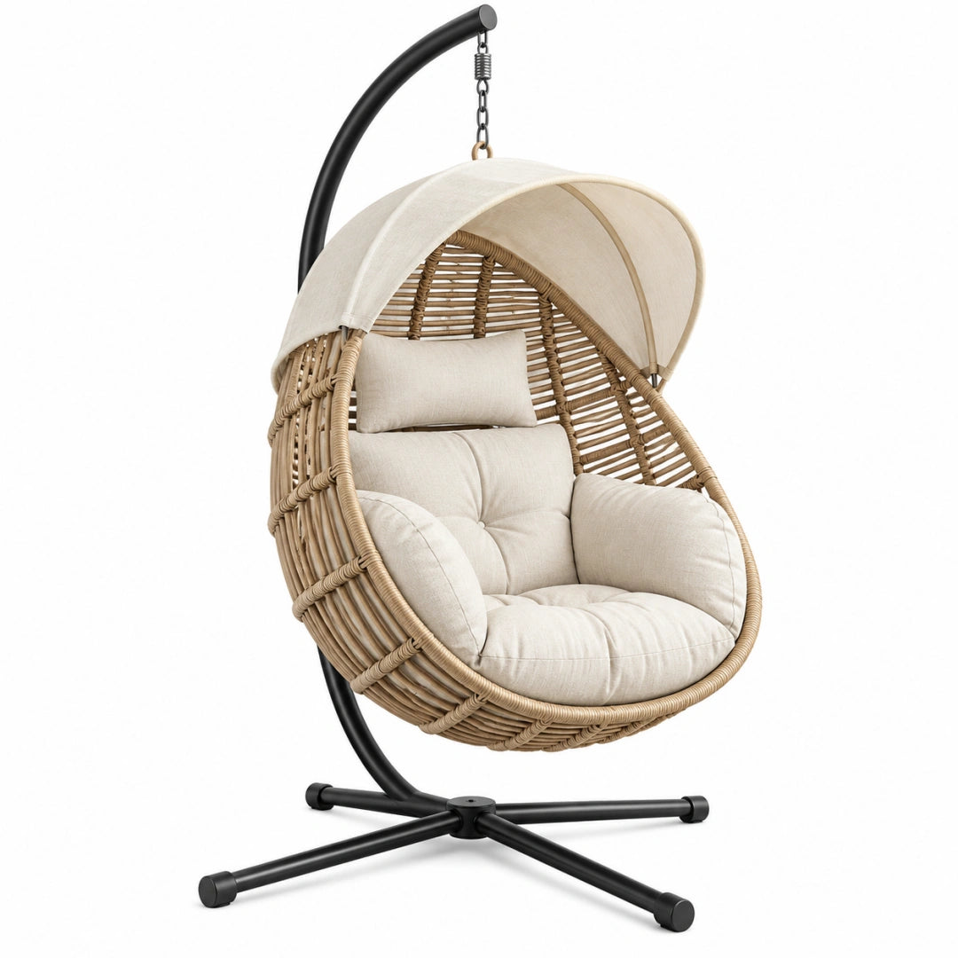 Fauteuil suspendu 105 x 105 x 195 cm en rotin beige avec support en acier et pare soleil