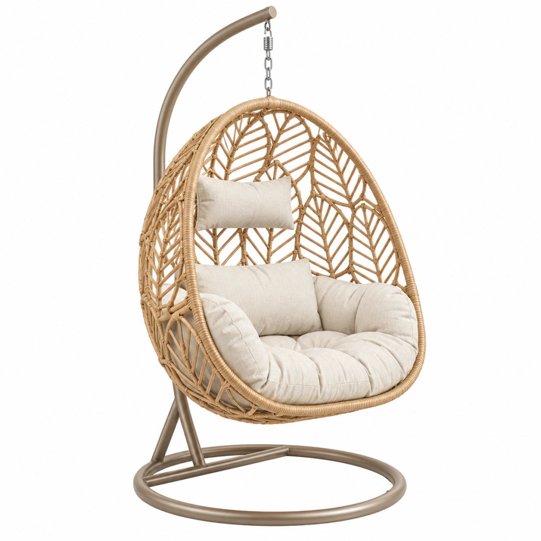 Fauteuil suspendu 105 x 95 x 195 cm en rotin beige avec support en acier style bohème