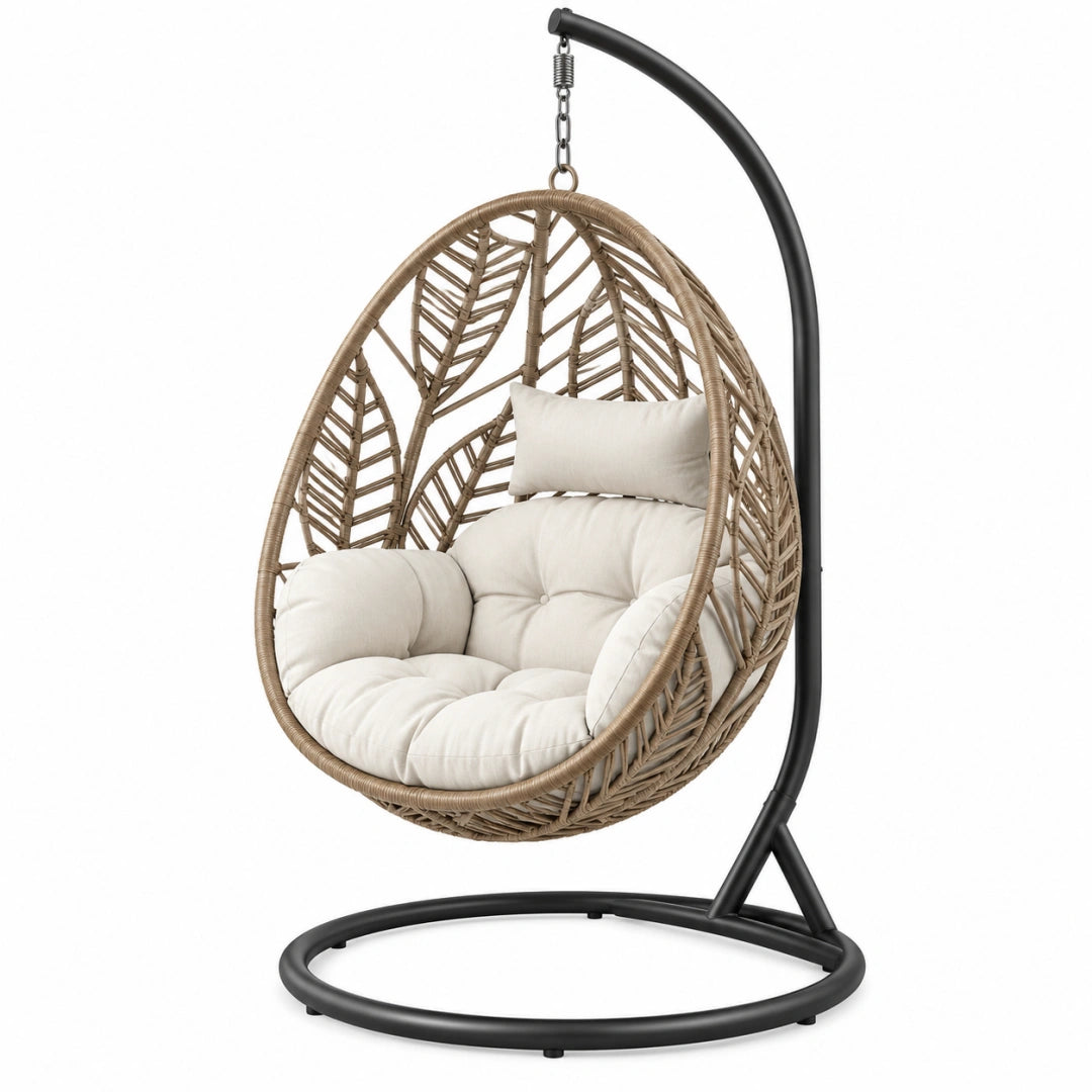 Fauteuil suspendu 100 x 100 x 195 cm en fibre tressée beige avec support acier noir style bohème