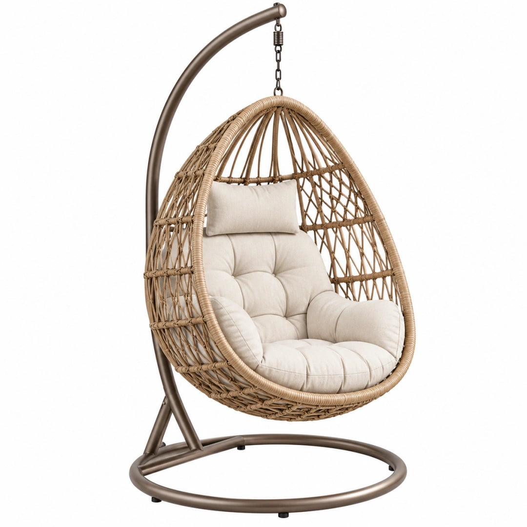 Fauteuil suspendu 105 x 105 x 195 cm en rotin beige et acier brun style bohème