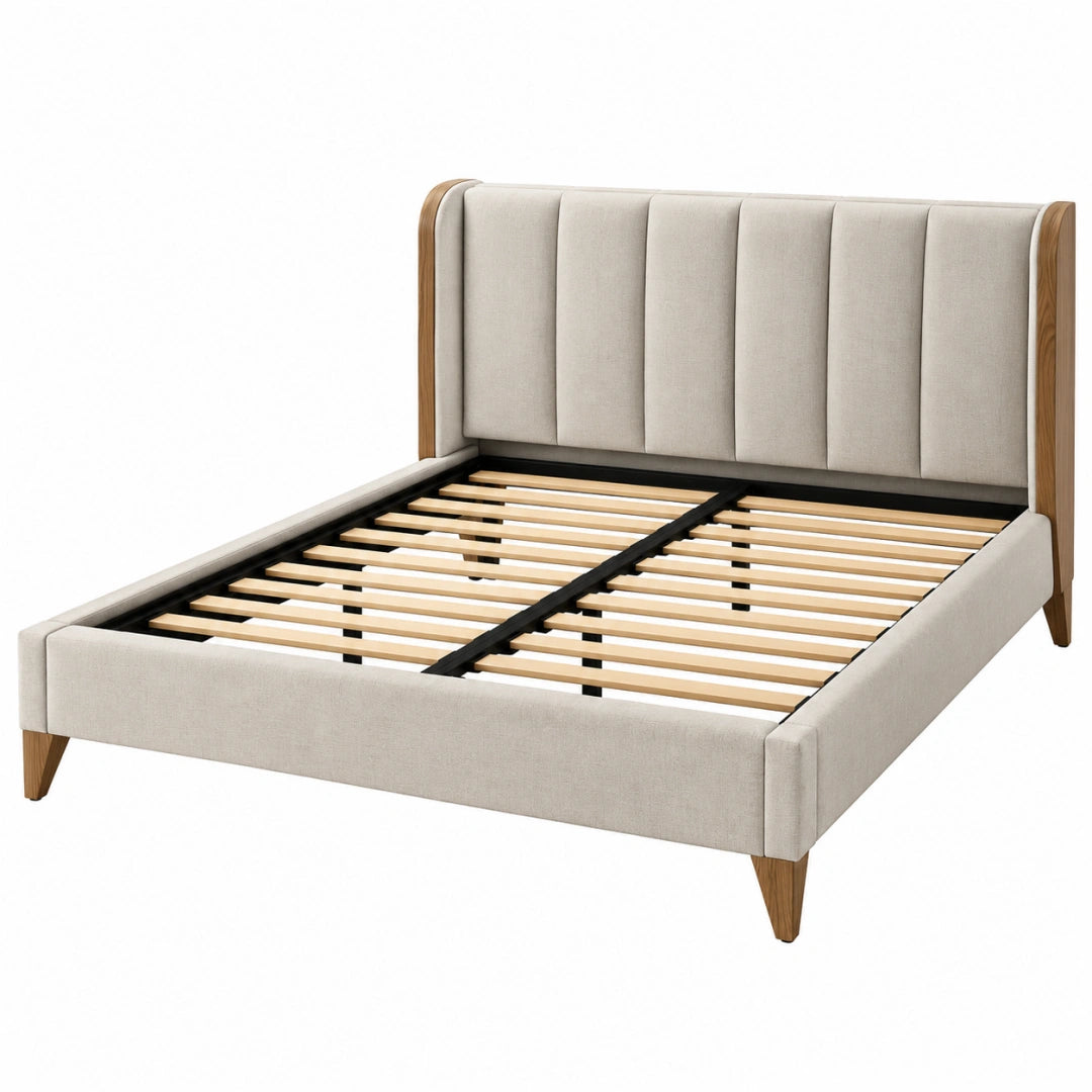 Lit double 160 x 200 cm en tissu beige et bois avec sommier à lattes style contemporain