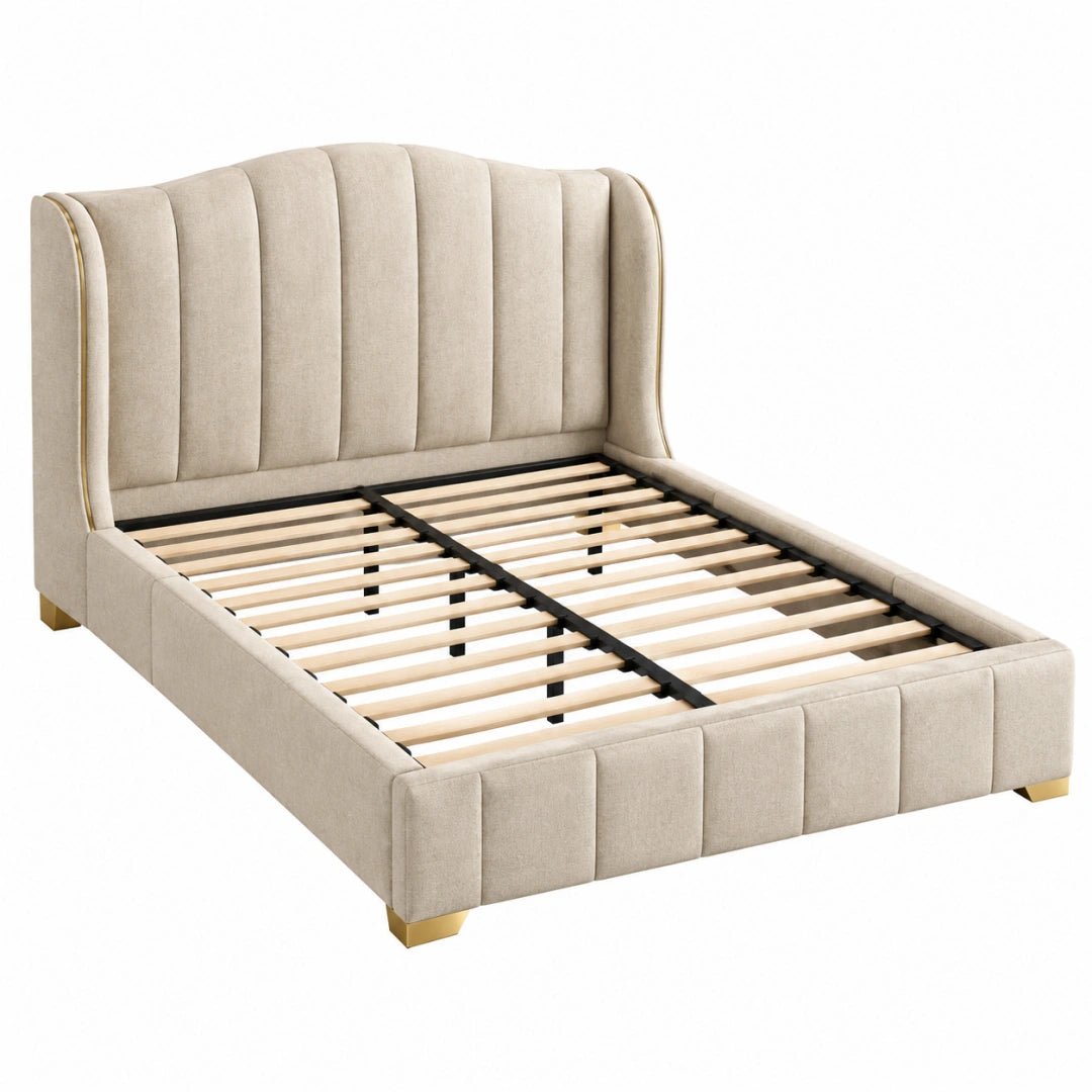 Lit 160 x 200 cm en tissu beige avec sommier à lattes style contemporain