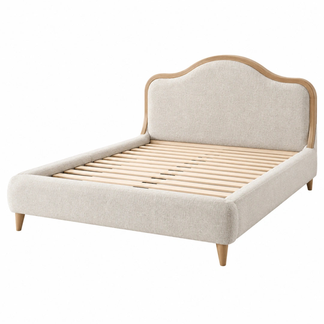 Lit double 160 x 200 cm en tissu beige et bois avec sommier à lattes style classique