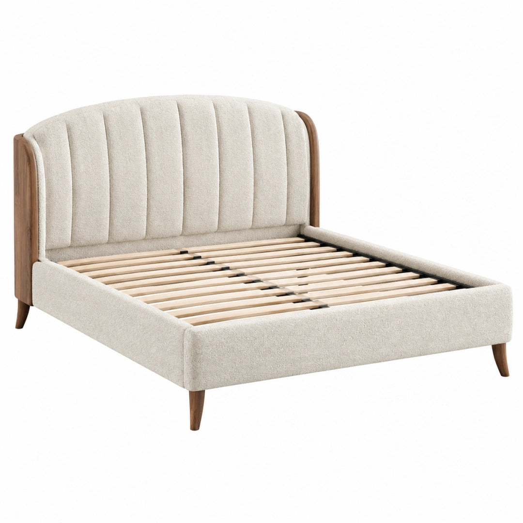 Lit double 160 x 200 cm en tissu bouclette beige et bois avec sommier à lattes style contemporain
