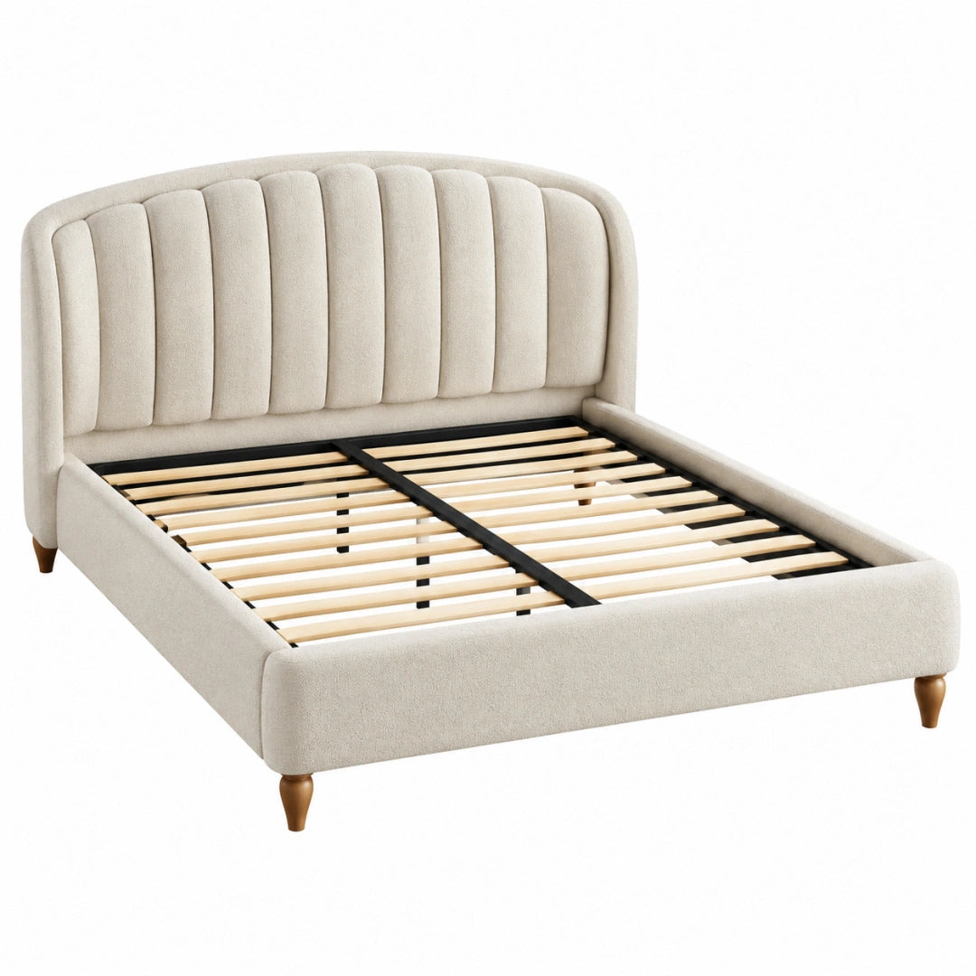 Lit double 160x200 cm en tissu beige avec tête de lit capitonnée et sommier à lattes