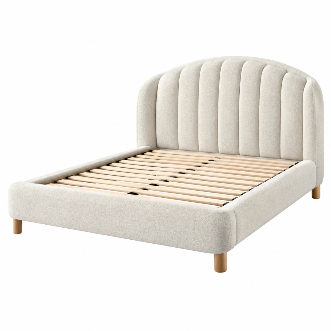 Lit double 160 x 200 cm en tissu bouclette beige avec sommier à lattes style contemporain