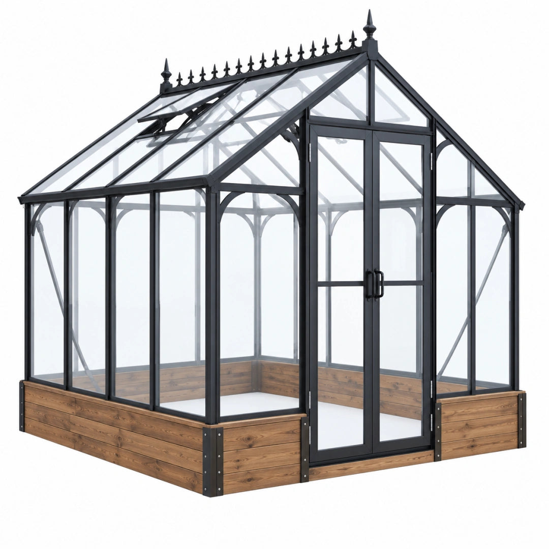 Serre de jardin 240 x 240 x 300 cm en métal verre et bois noir marron style victorien