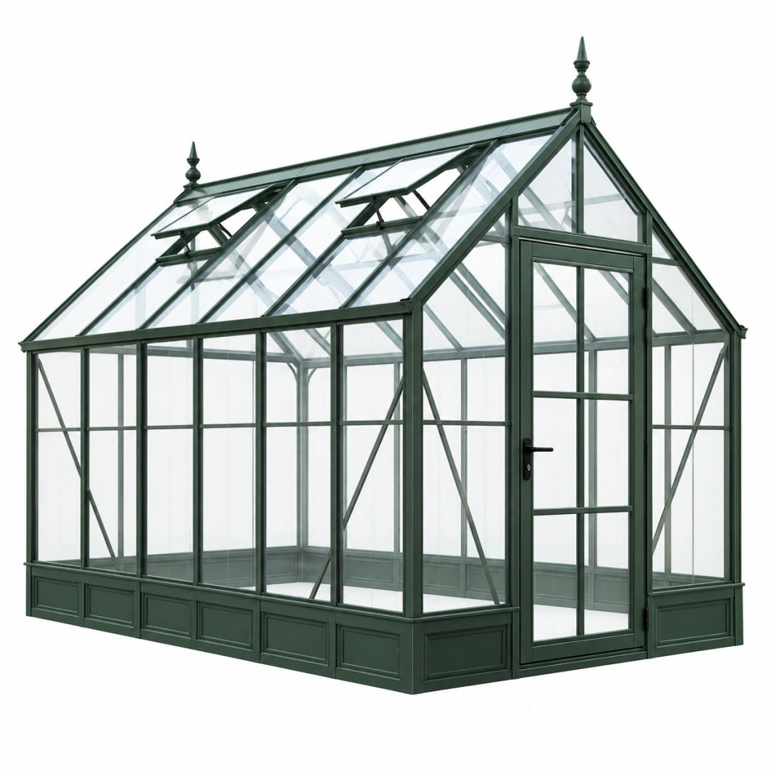 Serre de jardin 300 x 240 x 280 cm en métal vert et verre - style victorien avec lucarnes
