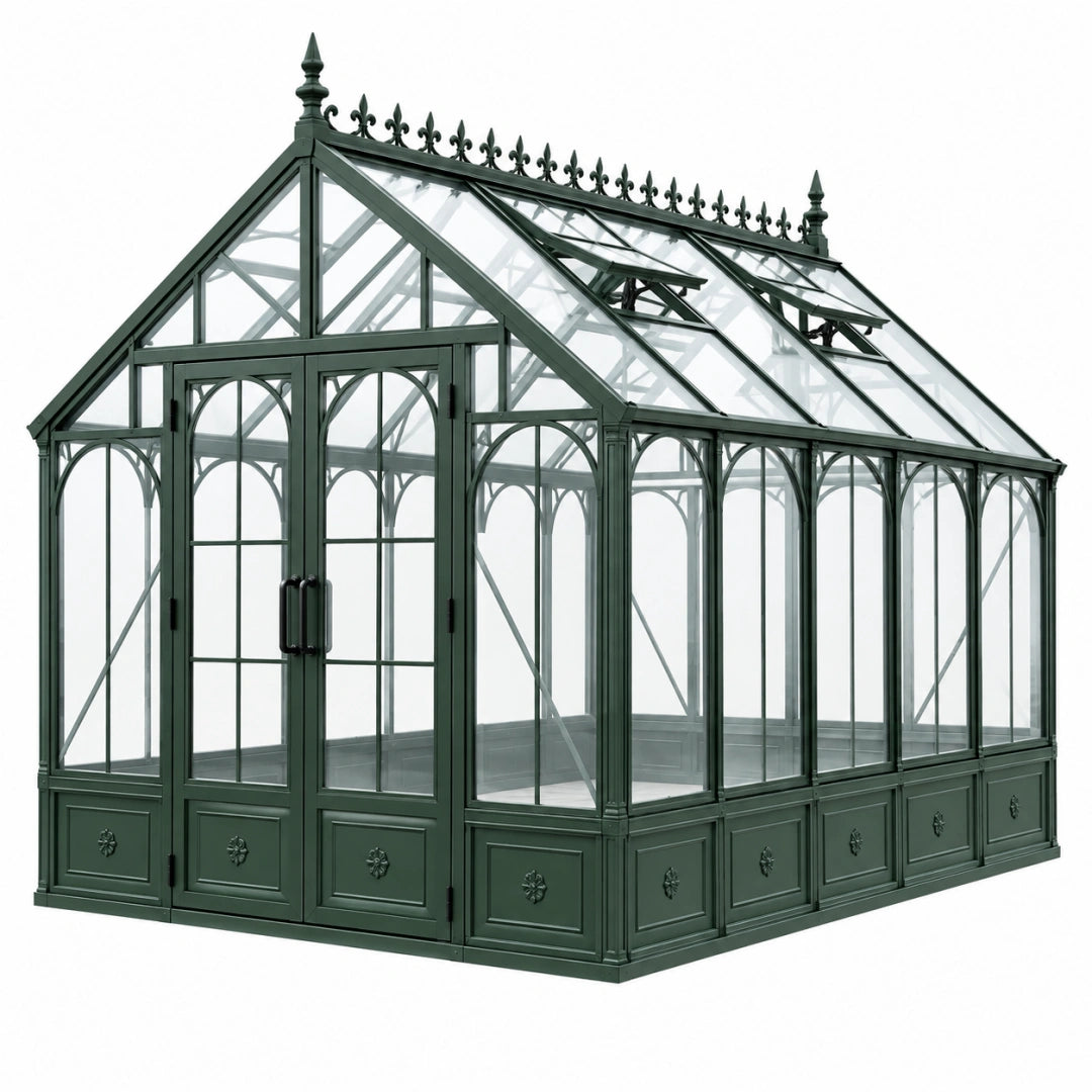 Serre de jardin 300 x 200 x 250 cm en métal et verre vert foncé style victorien